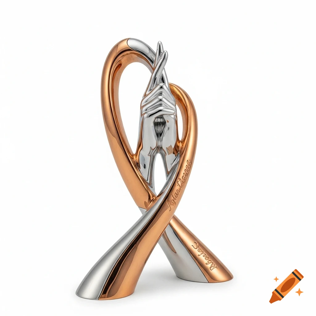 A modern abstract sculpture of two interlocking, flowing ribbons in polished copper and silver, implying holding hands.