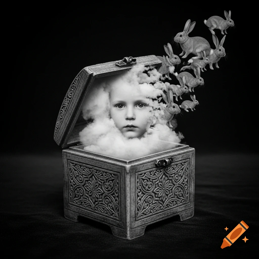 Black and white surreal photo of an ornate open box with a child's face in a cloud, and rabbits flying out.