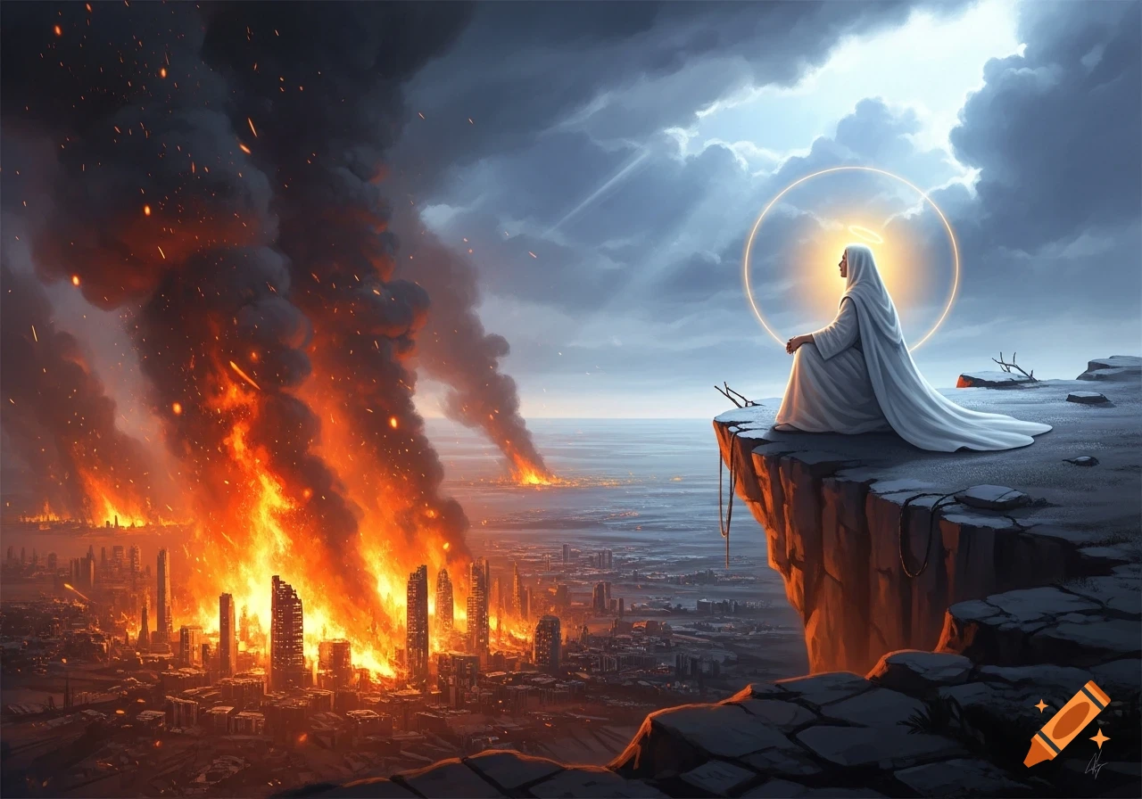 A robed figure with a halo, resembling Jesus, sits calmly on a cliff overlooking a city engulfed in flames and smoke under a stormy sky.