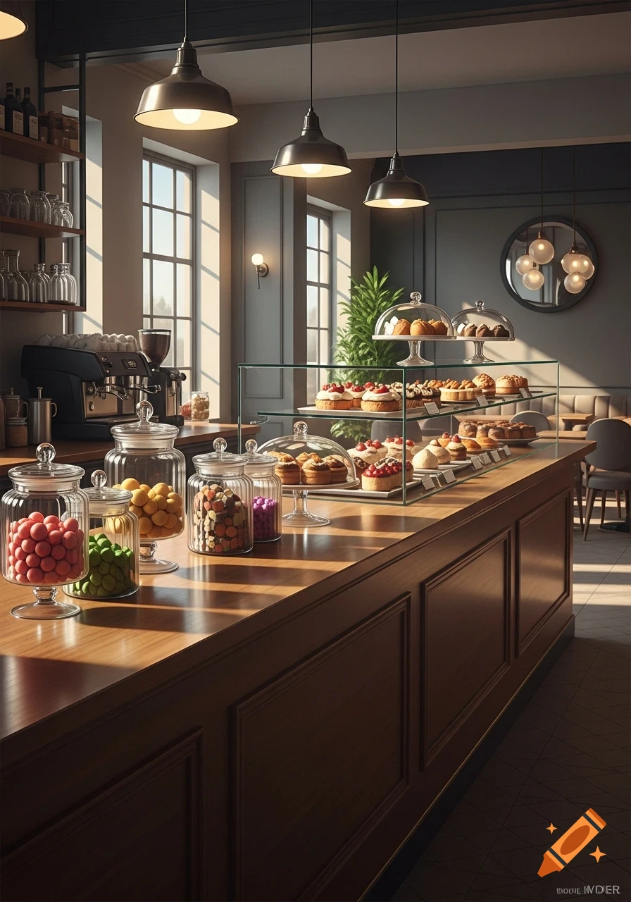 A well-lit bakery counter filled with various pastries, cakes, and candy jars, with an espresso machine and windows in the background.