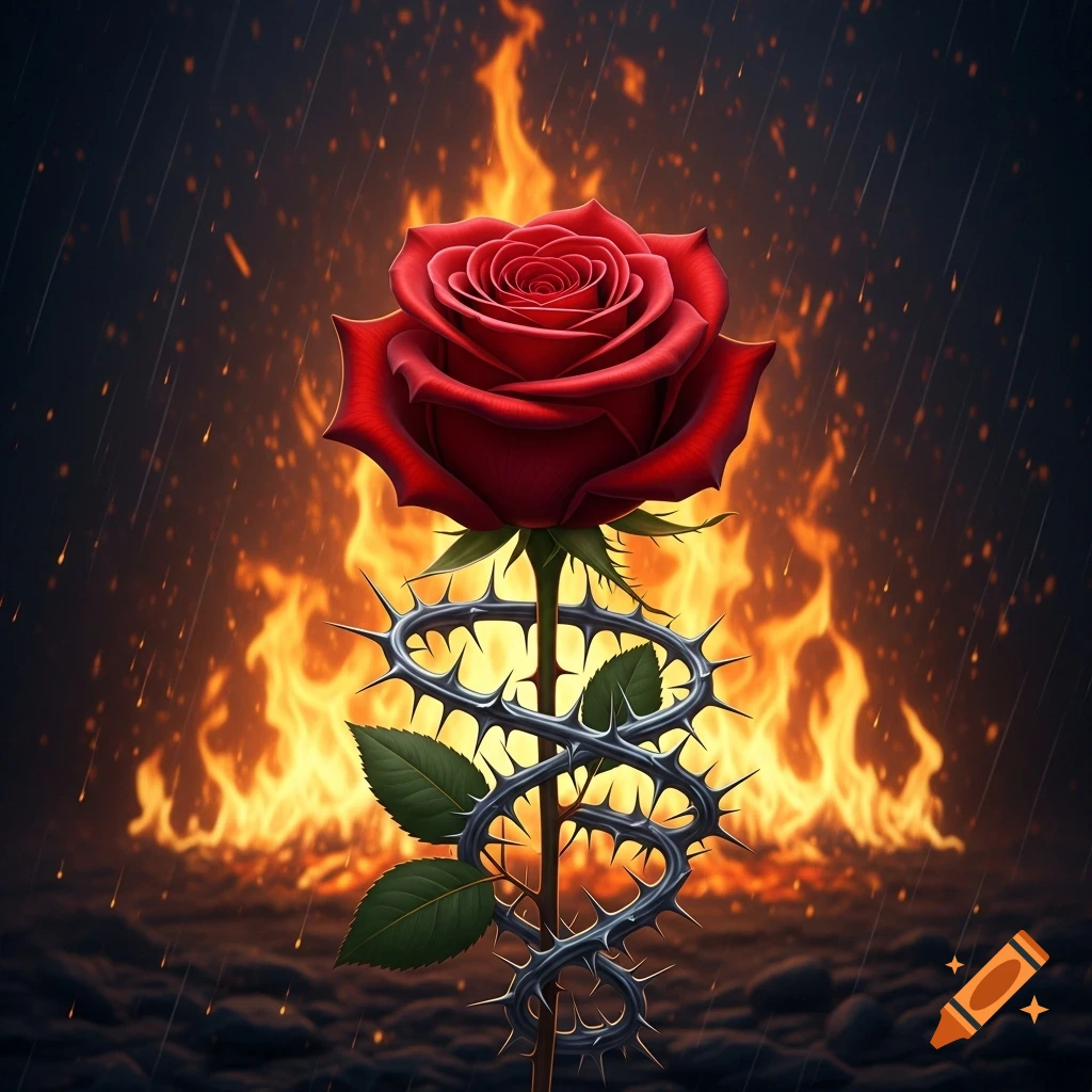 A vibrant red rose with thorny vines wrapping around its stem stands against a dramatic backdrop of raging flames and falling ash.