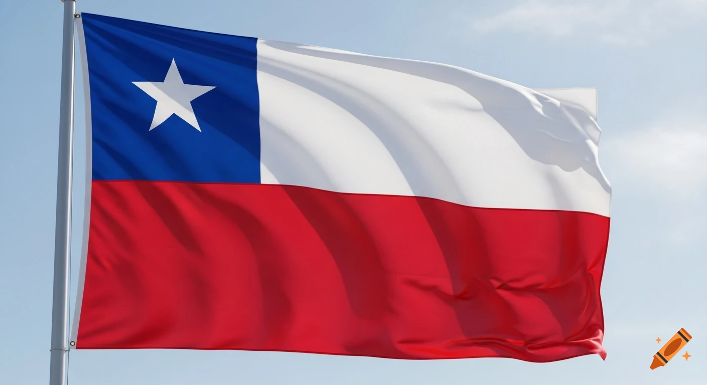 A photorealistic image of the flag of Chile waving against a blue sky.