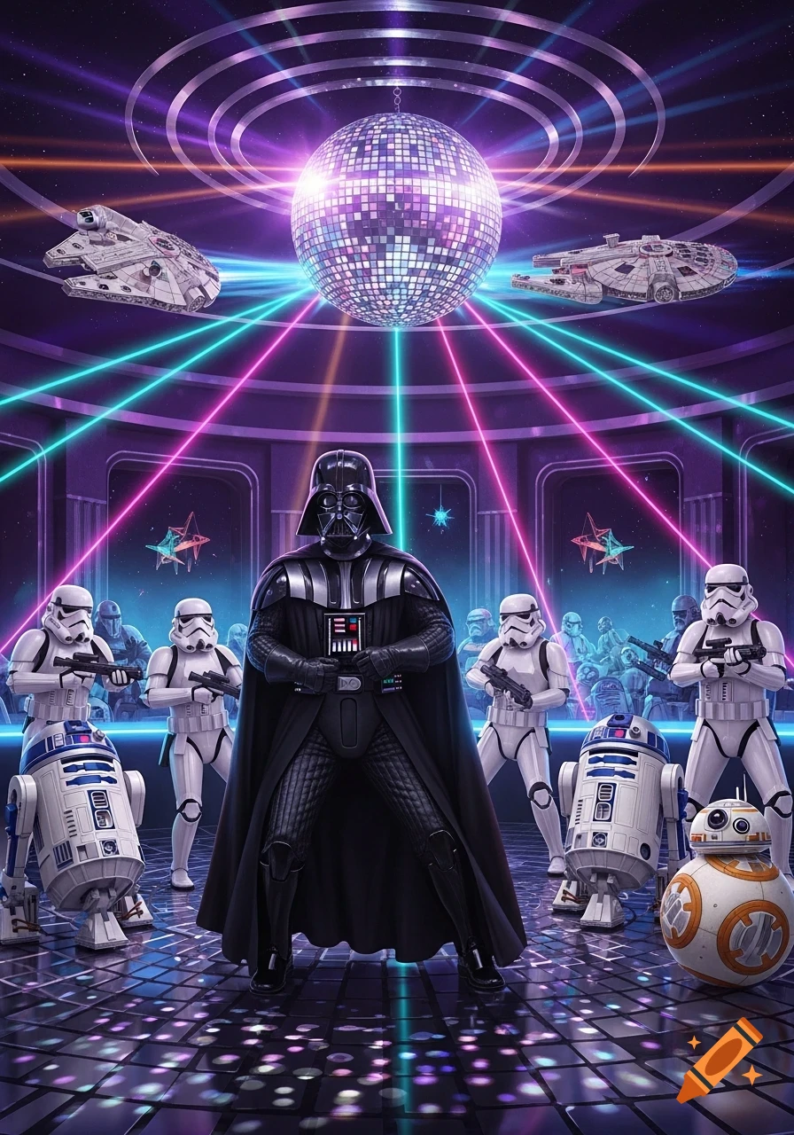 Darth Vader, Stormtroopers, R2-D2, and BB-8 in a vibrant disco with a disco ball, laser lights, and Millennium Falcon ships.