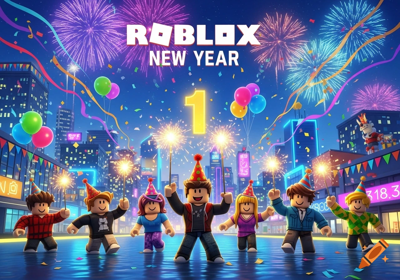 Roblox characters in party hats celebrate New Year's Eve in a city with fireworks, balloons, and confetti.