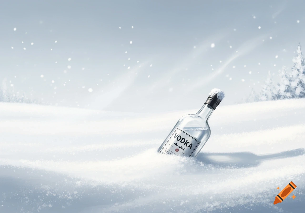 A clear bottle of vodka with a label partially buried in a snowdrift, with snowflakes falling in a cold, snowy landscape.