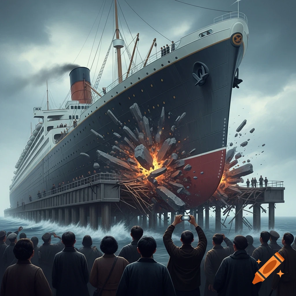 A dramatic scene of a large ship crashing into a wooden dock, with an explosion of debris and fire. Spectators on the dock watch and take photos.
