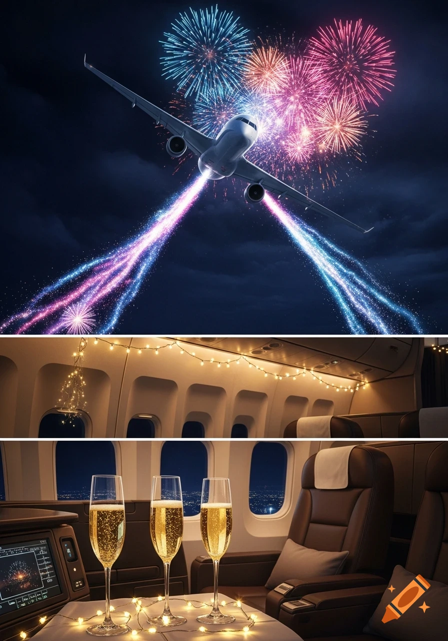 A triptych: an airplane flying through fireworks and sparkling trails, a festive cabin with string lights, and champagne glasses on a table.