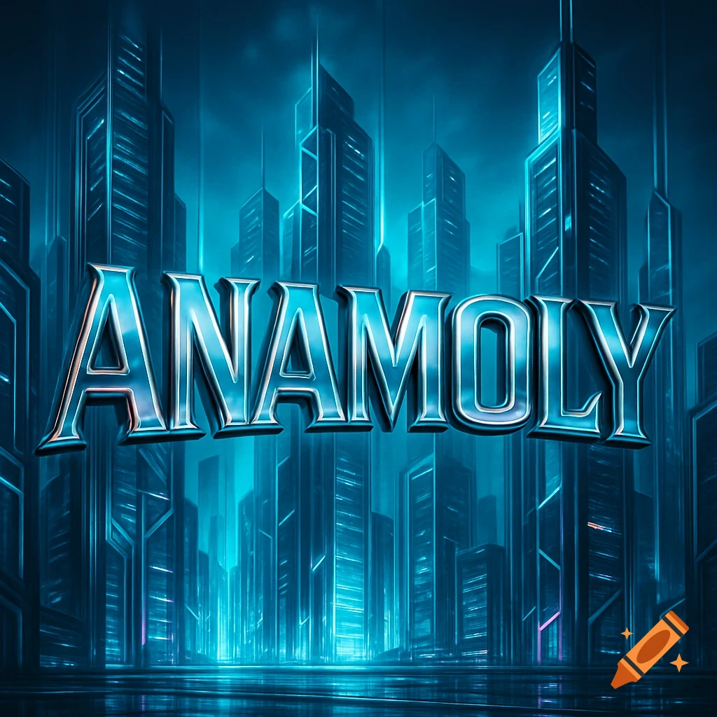 Metallic 3D text 'ANAMOLY' stands against a blue futuristic cityscape with glowing buildings.