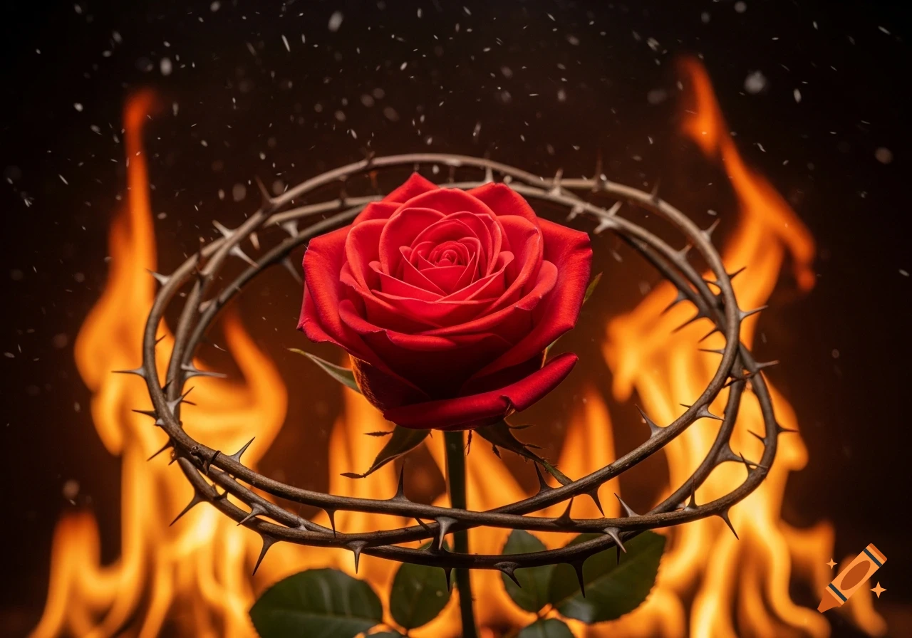 A vibrant red rose centered within a crown of thorns, set against a dramatic, fiery background with falling embers.