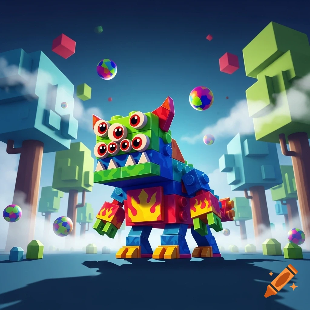 A colorful, block-built monster with multiple red eyes and a wide grin, resembling a Lego Mixel, stands in a blocky, stylized landscape with floating spheres.