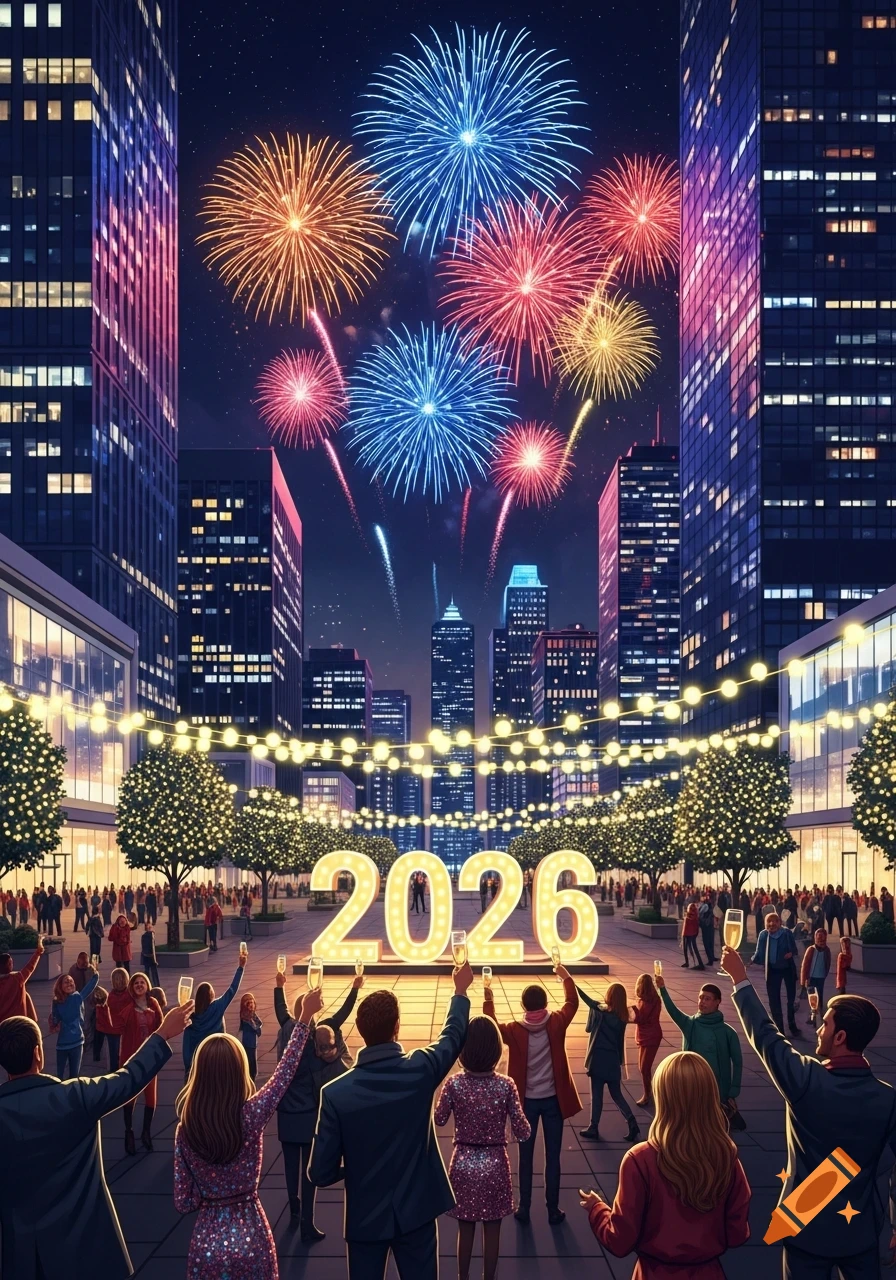 Vibrant New Year's Eve celebration in a city square with fireworks, skyscrapers, and people toasting around illuminated '2026' numbers.