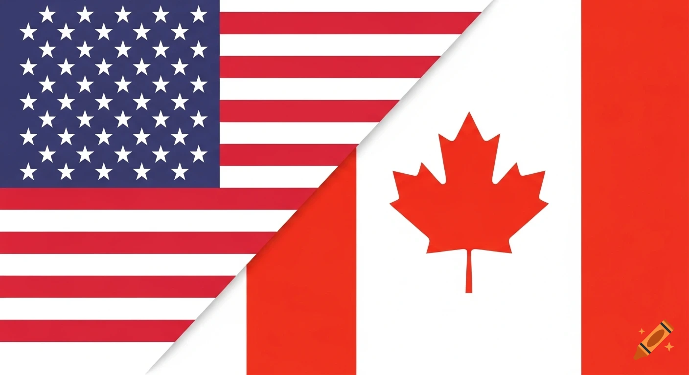 A diagonally split image showing the United States flag on the left and the Canadian flag on the right.