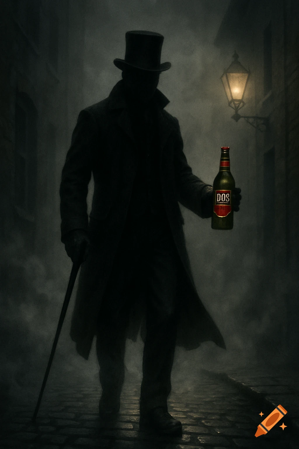 A shadowy figure in a top hat and trench coat holds a bottle and a cane in a foggy, gaslit Victorian alley.