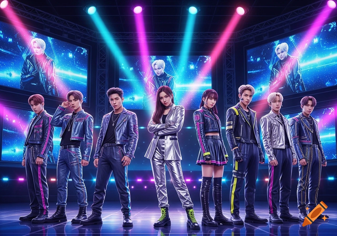 A K-pop group with 8 male and 1 female members in metallic and leather outfits on a brightly lit stage with large screens.