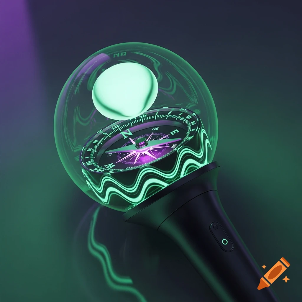 A futuristic lightstick featuring a glowing green dome enclosing a compass with purple accents and a green wavy base.