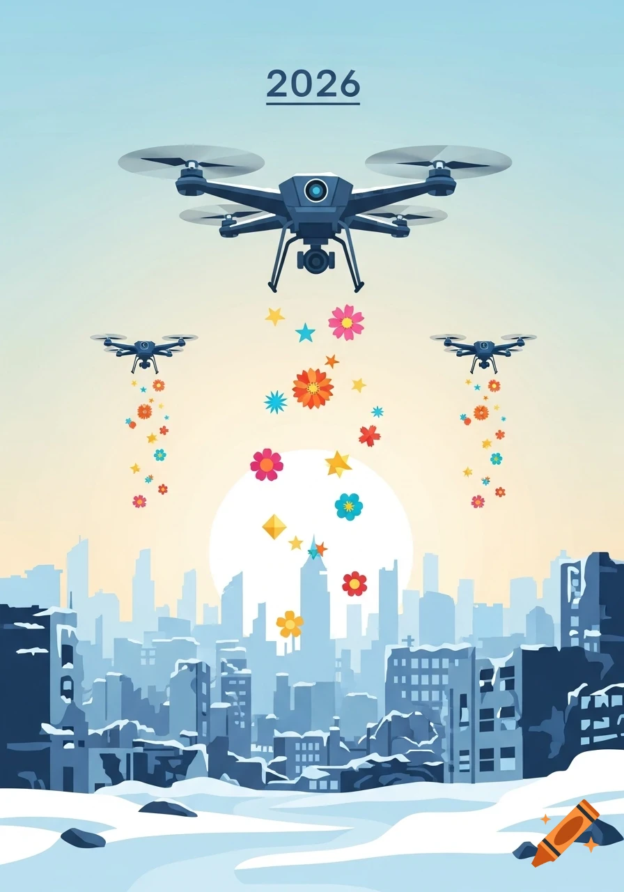 Drones drop flowers and stars over a snowy, ruined city with '2026' at top, in an illustrative style.