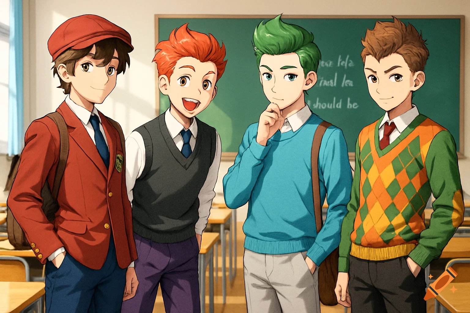 Four preppy anime boys with various hair colors and school uniforms stand in a bright classroom.