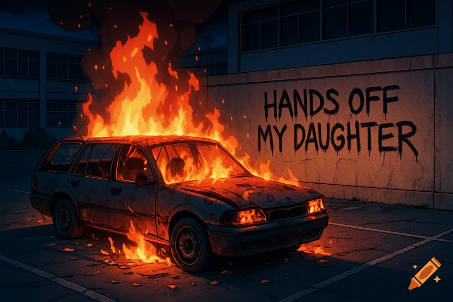 Anime style image of a station wagon burning in a school parking lot, with 'HANDS OFF MY DAUGHTER' graffiti on a wall.