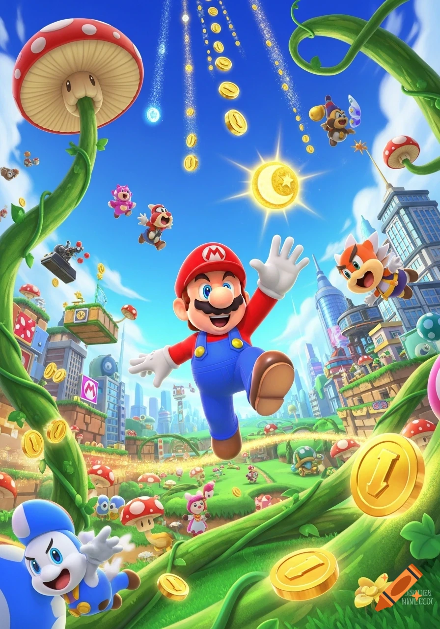 Super Mario jumps in a bright fantasy landscape with giant beanstalks, floating mushrooms, raining coins, and enemies, against a city backdrop.