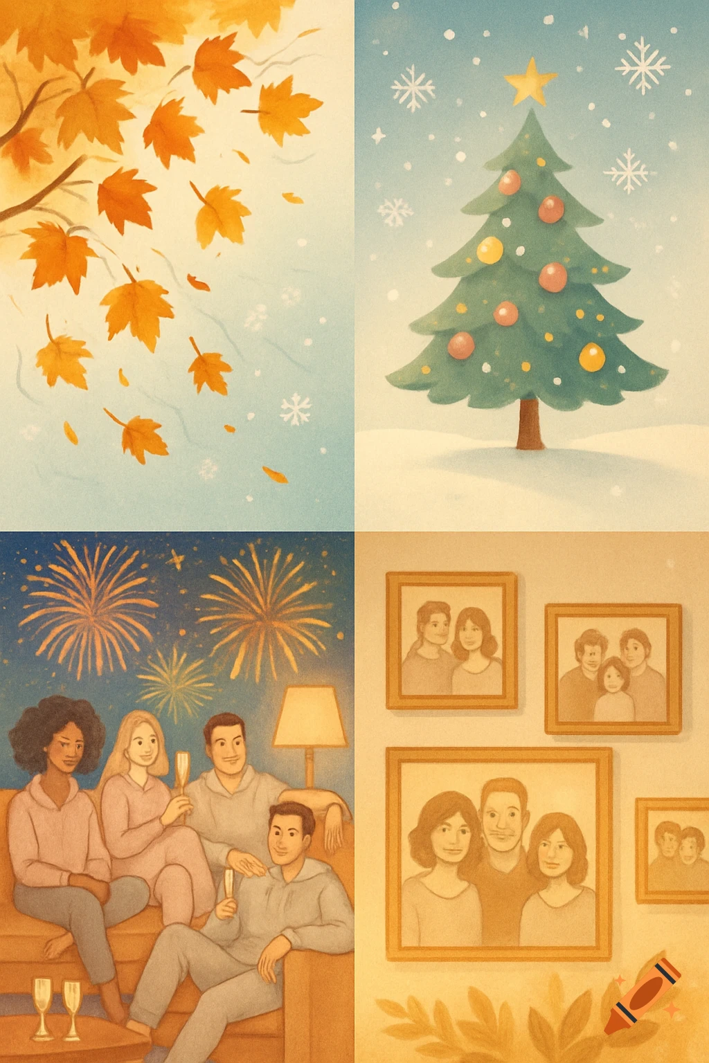 Four illustrative panels depict autumn leaves, a Christmas tree, people celebrating New Year's Eve, and framed family photos.