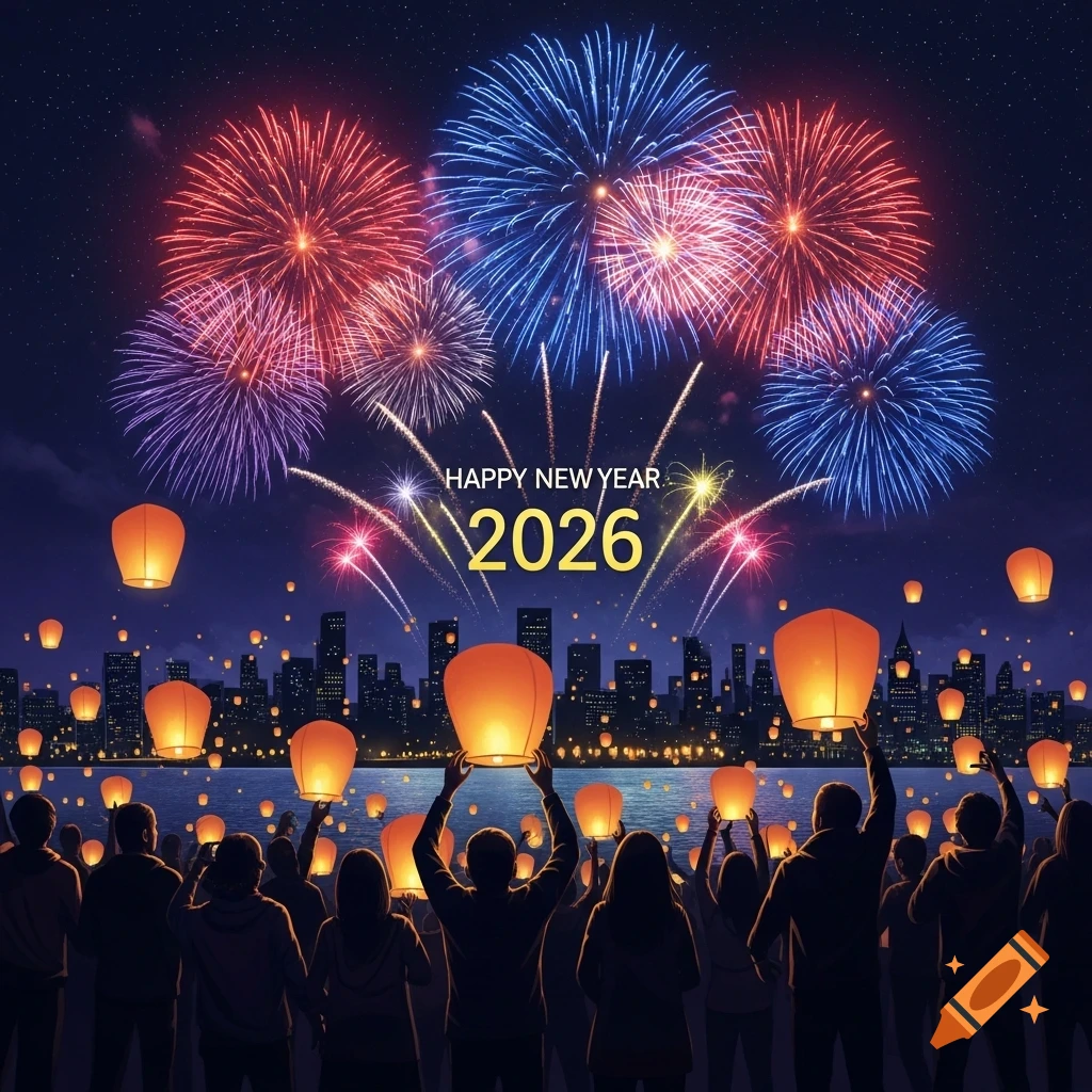 People release sky lanterns under a sky filled with colorful fireworks and 'HAPPY NEW YEAR 2026' text over a city.