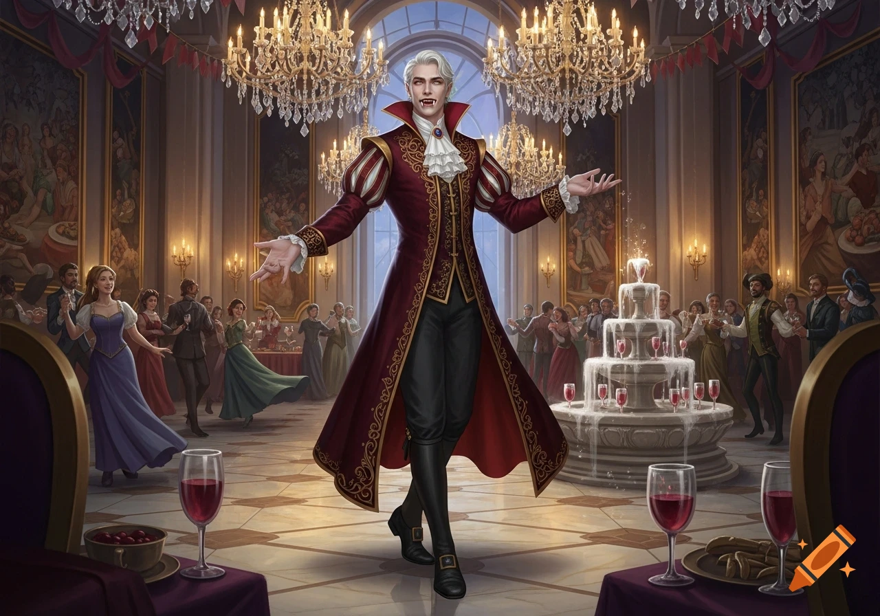 A dandy vampire with white hair and fangs in a red noble coat welcomes guests at a grand ballroom party with chandeliers and a fountain.