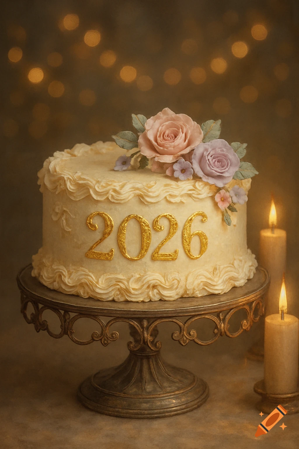 A white cake with '2026' in gold, topped with pink and purple roses, on a stand with two lit candles.