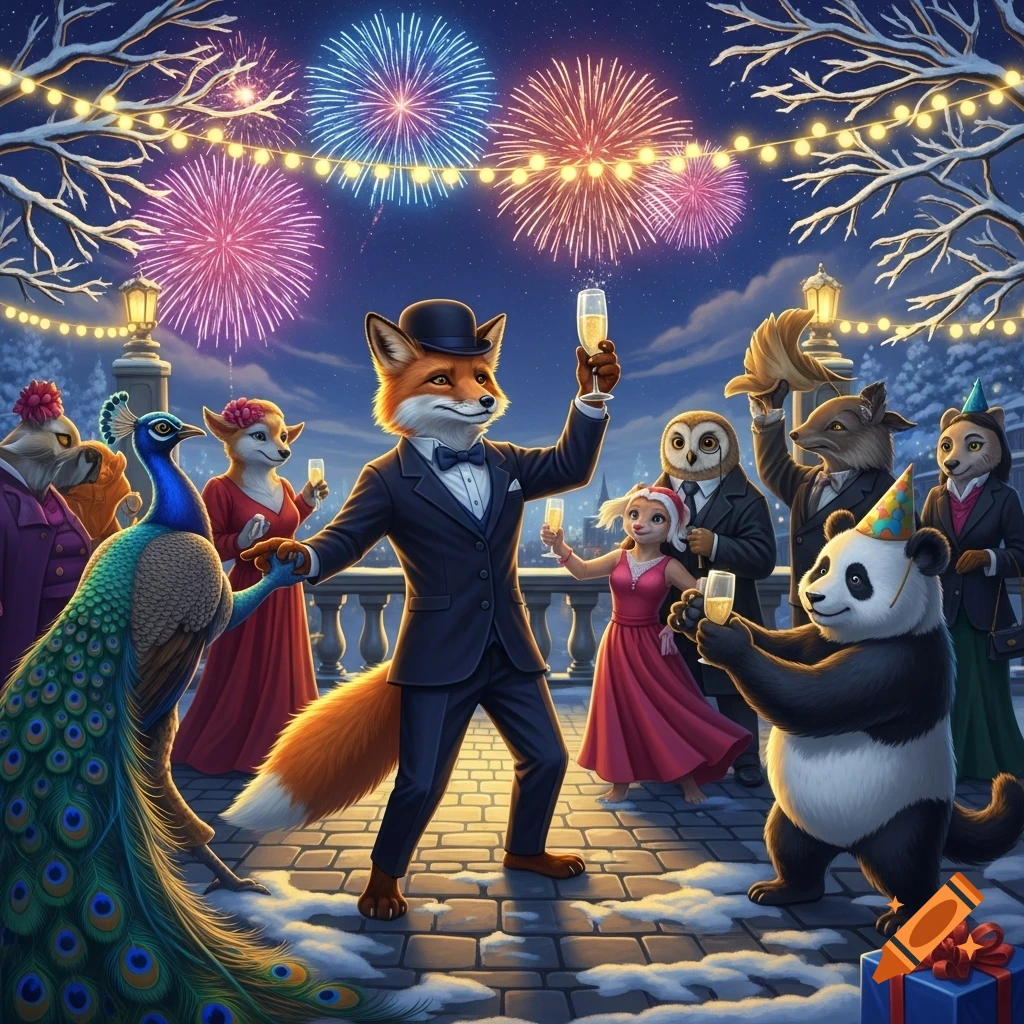 An illustrated scene of anthropomorphic animals, including a fox, peacock, panda, and owl, celebrating outdoors in the snow under fireworks and string lights, toasting with champagne glasses.