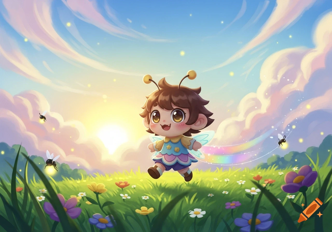 A happy, cute chibi character with antennae and wings runs through a vibrant, sunny meadow filled with flowers and glowing fireflies.