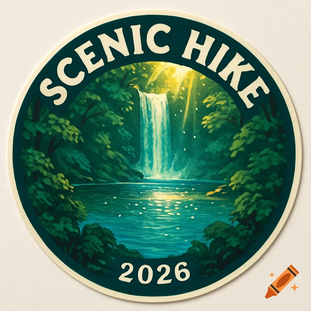 A round sticker design features a lush green forest, a sparkling lake, and a majestic waterfall under sunlit rays. Text reads "SCENIC HIKE" and "2026".