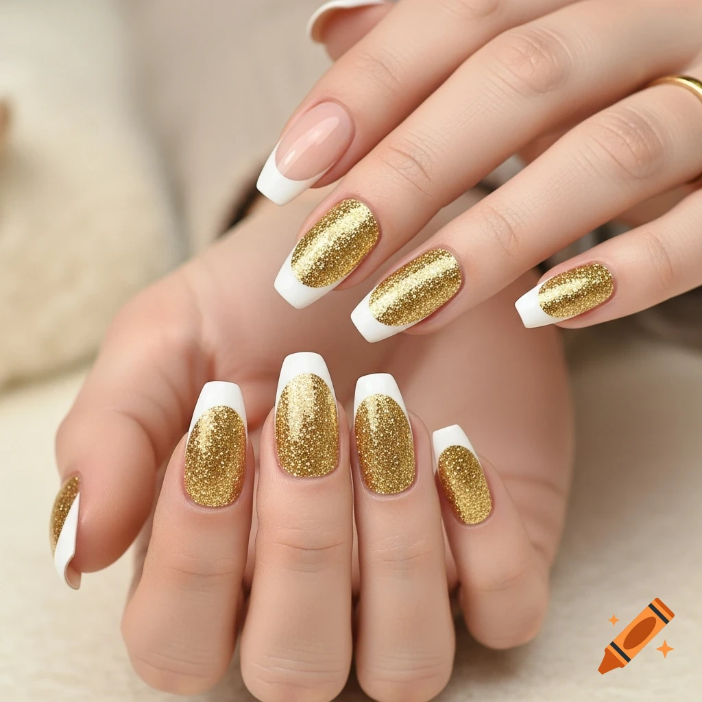 Hands with long, square-shaped nails featuring sparkly gold polish and white French tips.