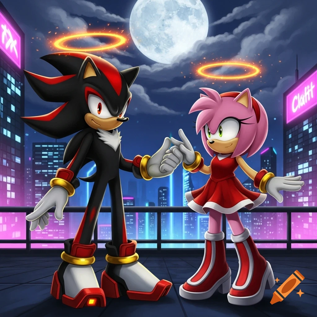 Shadow and Amy from Sonic the Hedgehog hold hands on a moonlit rooftop, with a vibrant neon city skyline behind them.