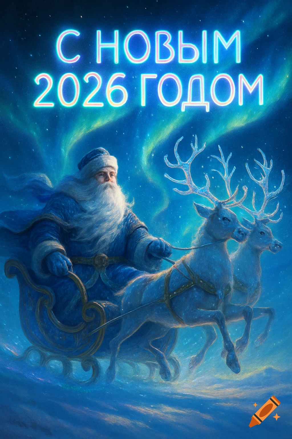 Ded Moroz in a blue suit rides a sleigh with two reindeer under an aurora sky, with "С НОВЫМ 2026 ГОДОМ" text.