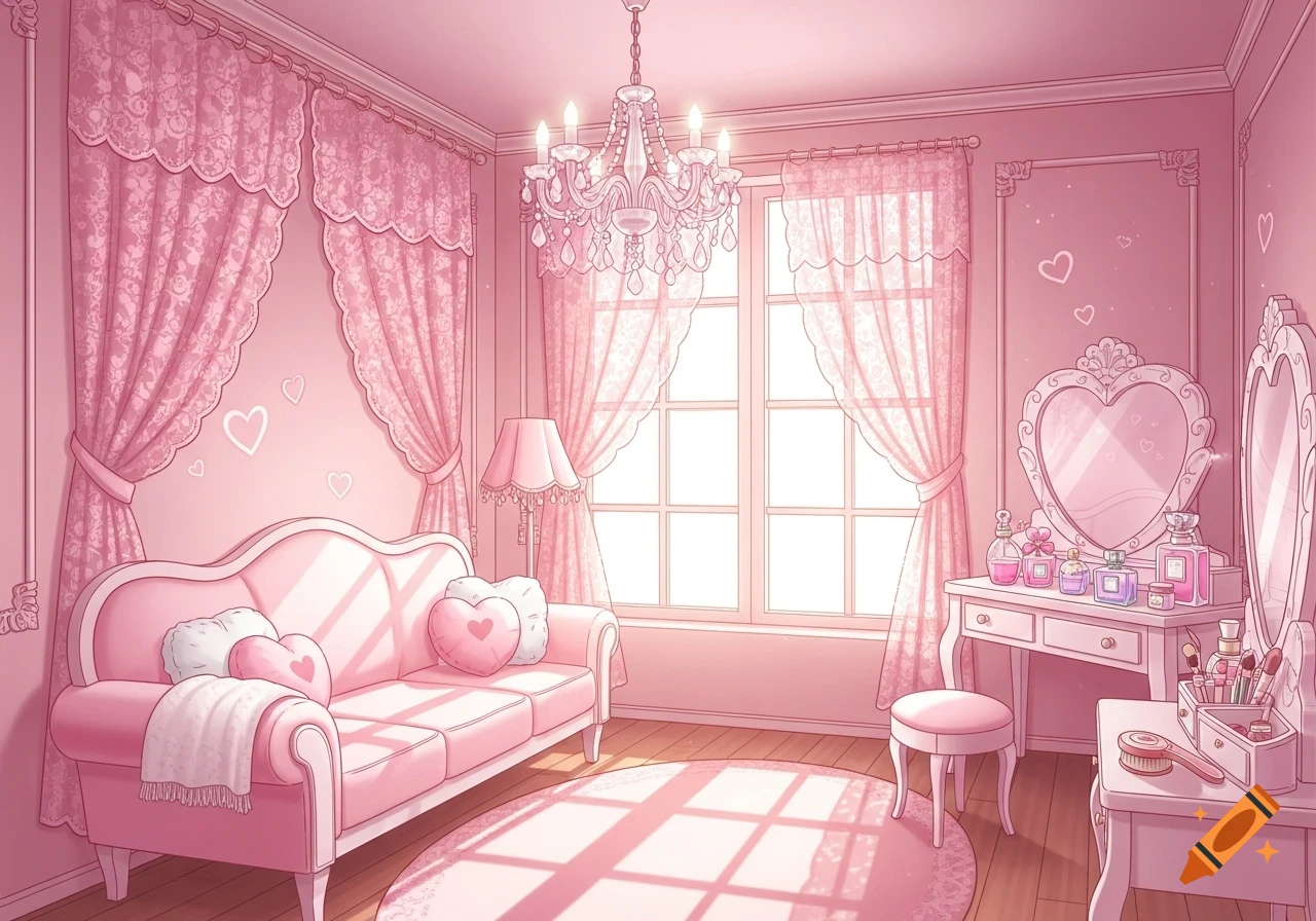 An anime-style pink room with a sofa, vanity, large windows, chandeliers, and heart decorations.