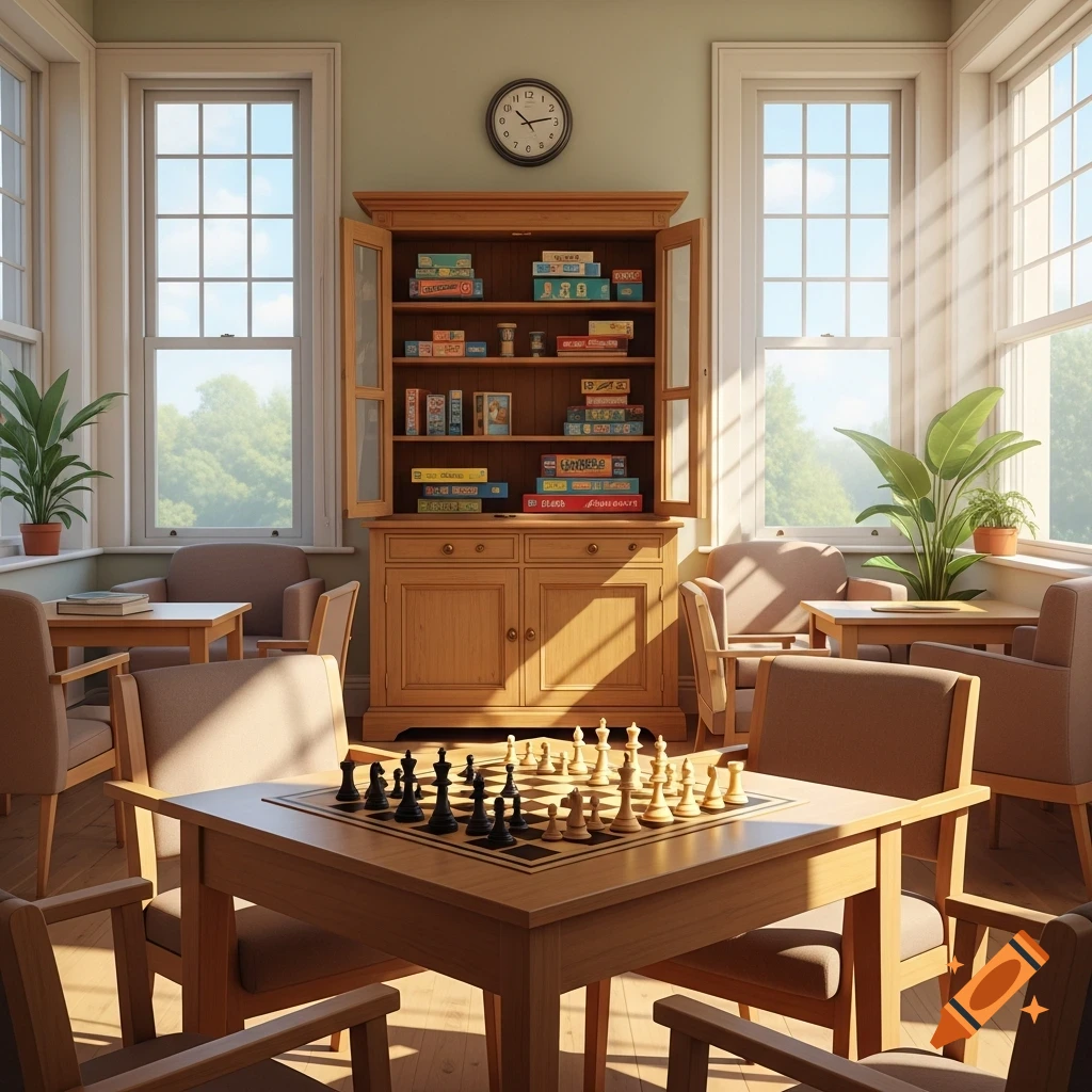 Photorealistic day room with a wooden games cupboard, a chess table in the foreground, and sunlight streaming through large windows.