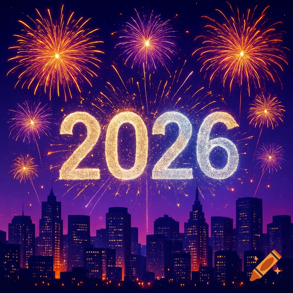 Vibrant fireworks illuminate a night sky above a silhouetted cityscape, with the sparkling numbers '2026' prominent.