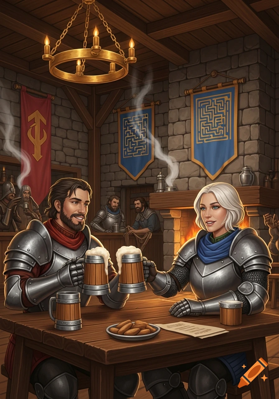 A smiling man and woman in full medieval armor clink wooden beer tankards at a tavern table. Other armored patrons are in the background.