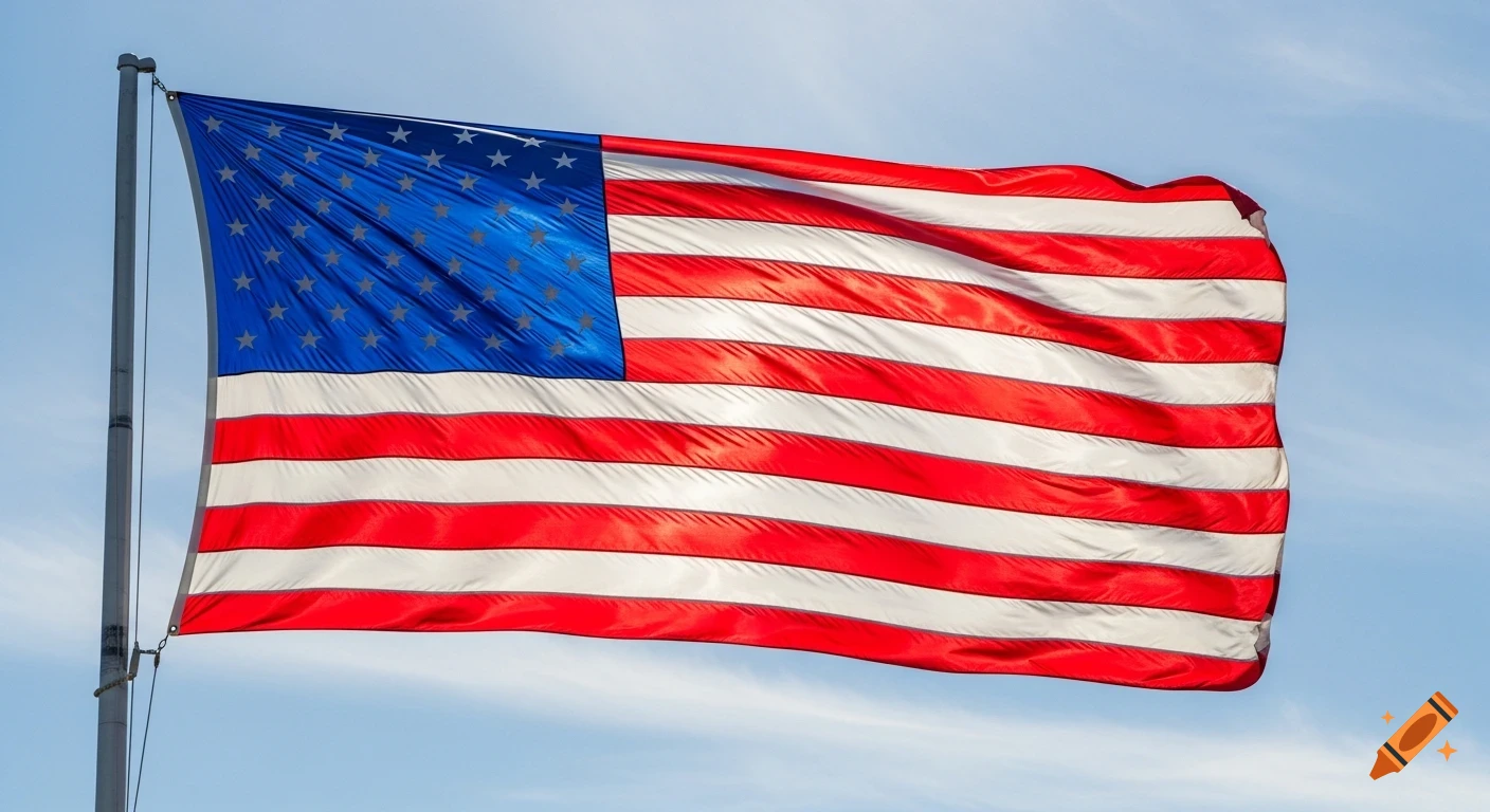 A vibrant American flag waving against a clear blue sky, seen from below.