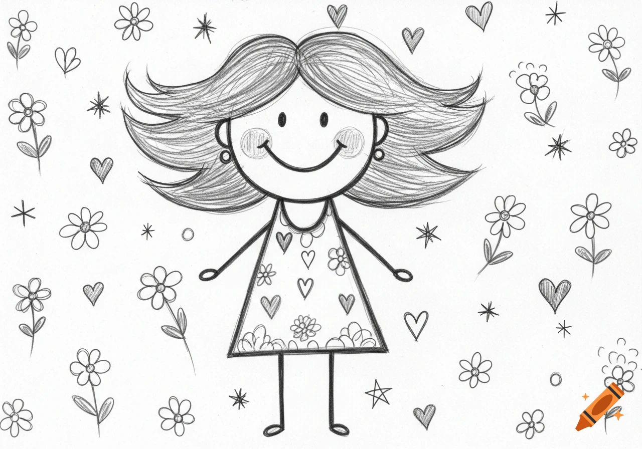 A black and white pencil sketch of a smiling stick-figure girl with a dress, surrounded by flowers, hearts, and stars.
