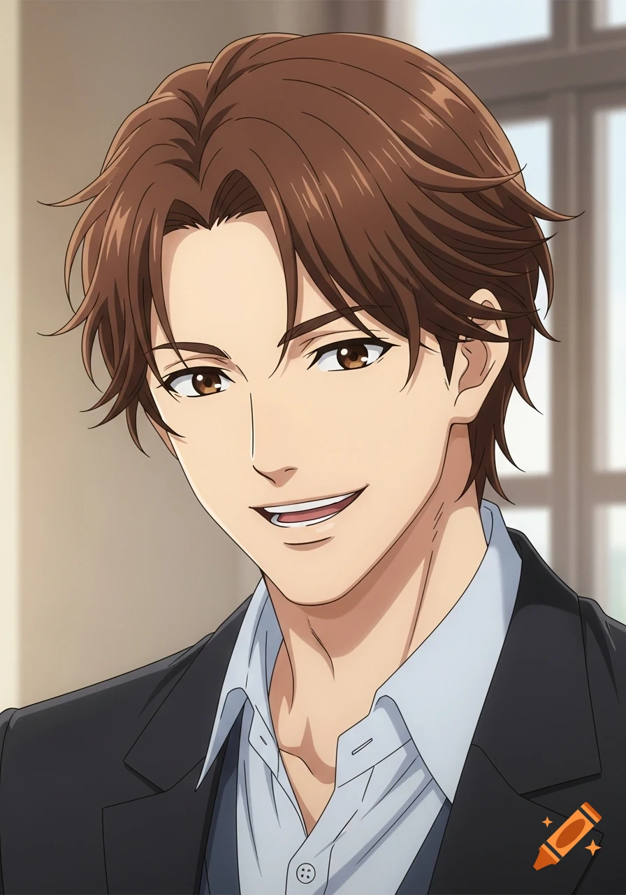 A handsome anime man with brown hair and brown eyes, wearing a suit and light blue shirt, smiling gently.