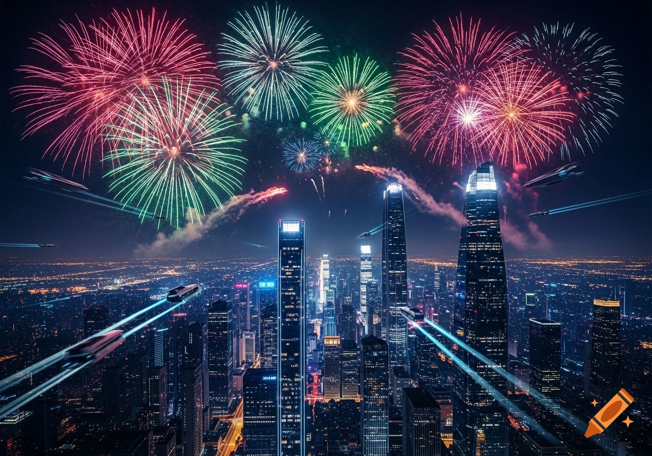 Futuristic city skyline at night with colorful fireworks exploding above tall skyscrapers and flying vehicles streaking across the sky.