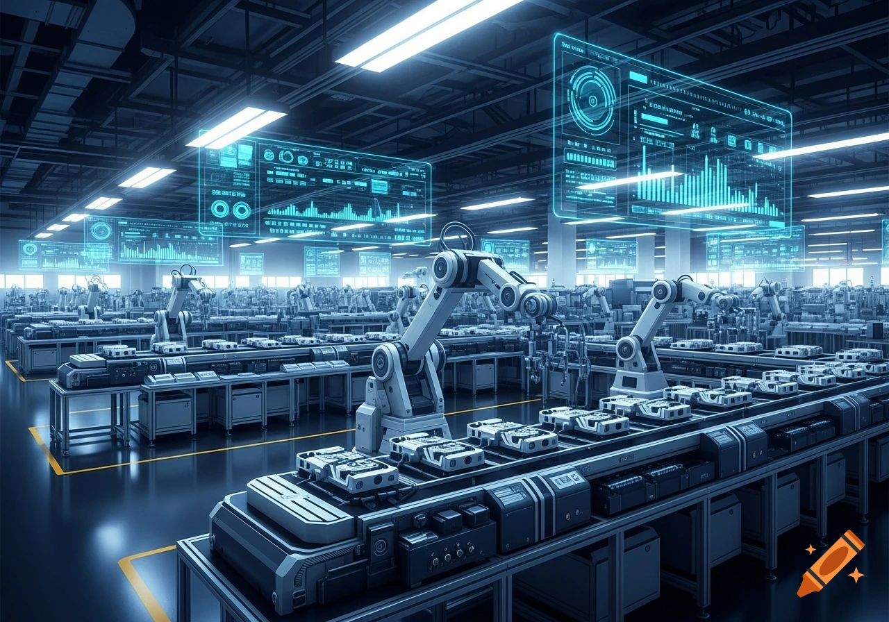A futuristic factory floor with robotic arms on conveyor belts, glowing holographic data screens for edge computing operations.