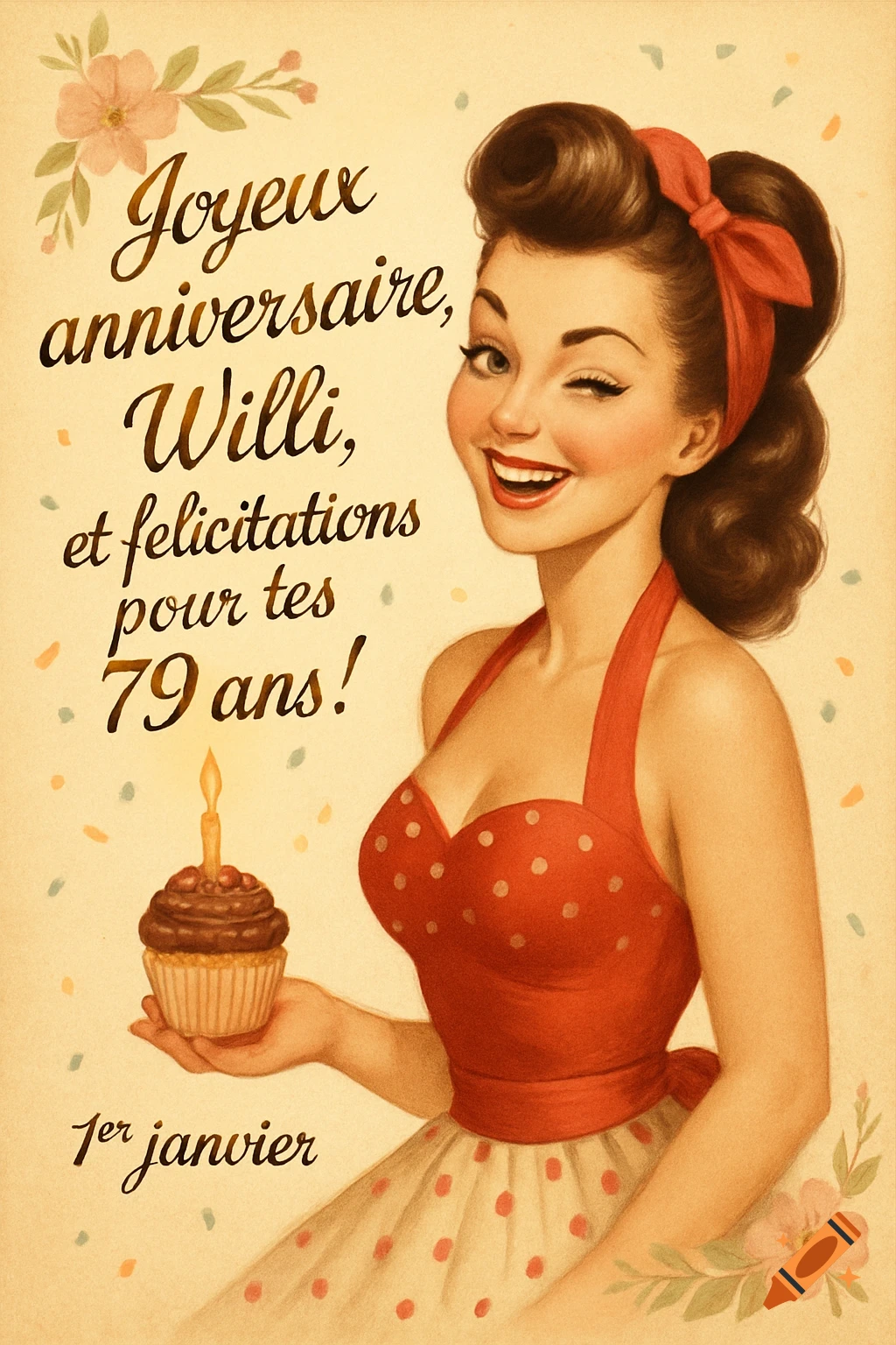 A vintage pin-up style illustration of a woman in a red polka dot dress winking and holding a cupcake, with French birthday text.