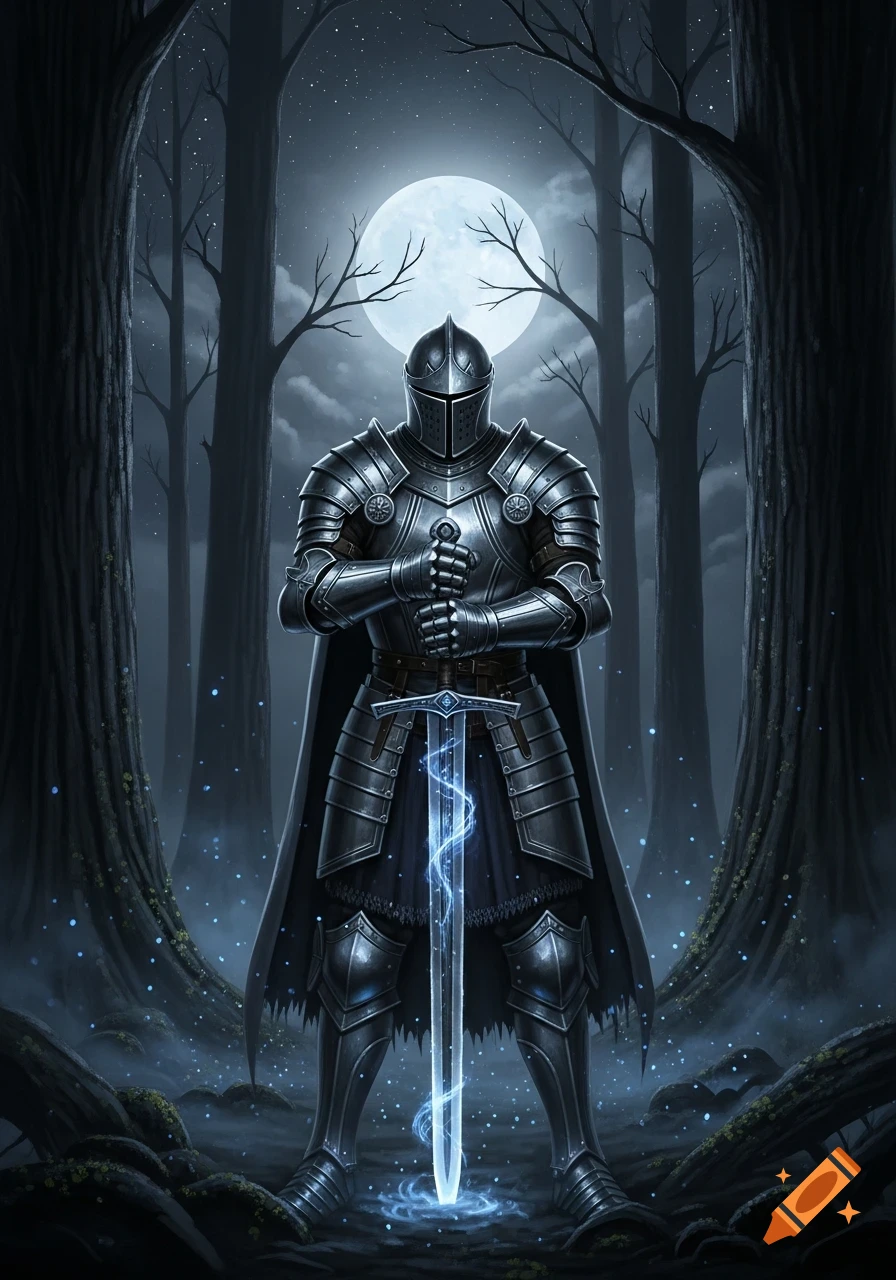 A knight in full armor stands prominently in a dark, moonlit forest, holding a glowing blue sword by its hilt.