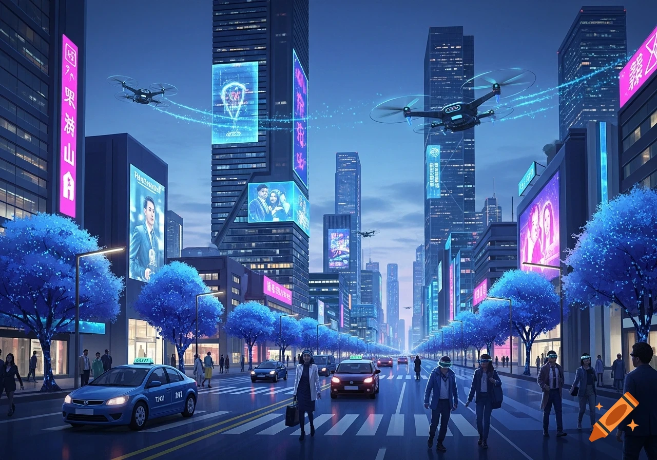 A vibrant, futuristic city street at dusk with towering skyscrapers, glowing digital billboards, flying drones, cars, and pedestrians walking under blue glowing trees.