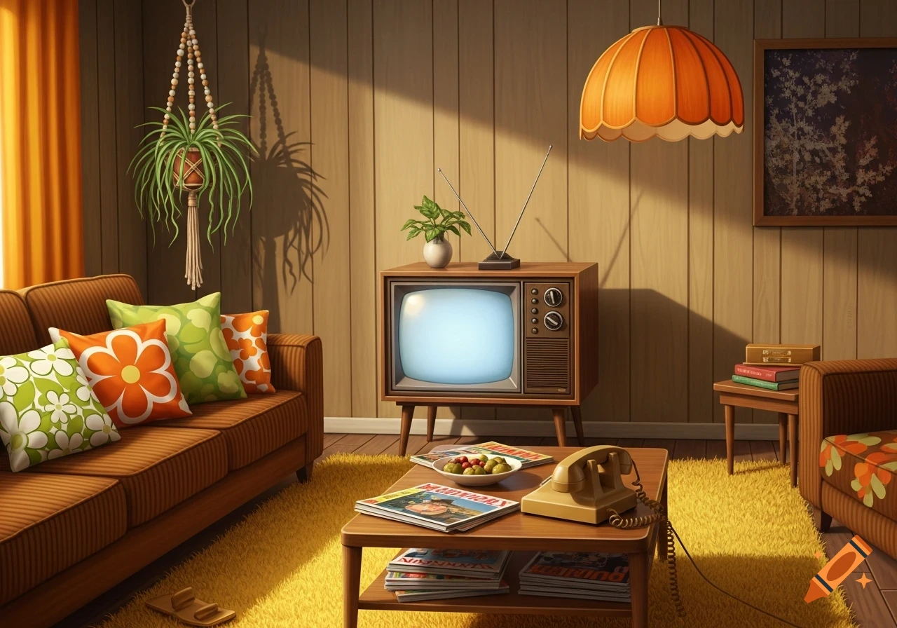 A warm, stylized 1970s living room with wood-paneled walls, a brown sofa, and a vintage TV on a shag carpet.