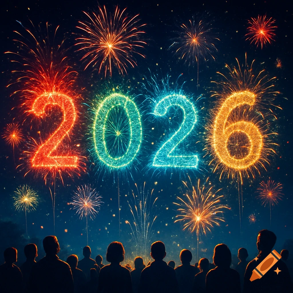 Crowd watching vibrant fireworks light up the night sky, forming the numbers "2026" in red, blue, and gold.
