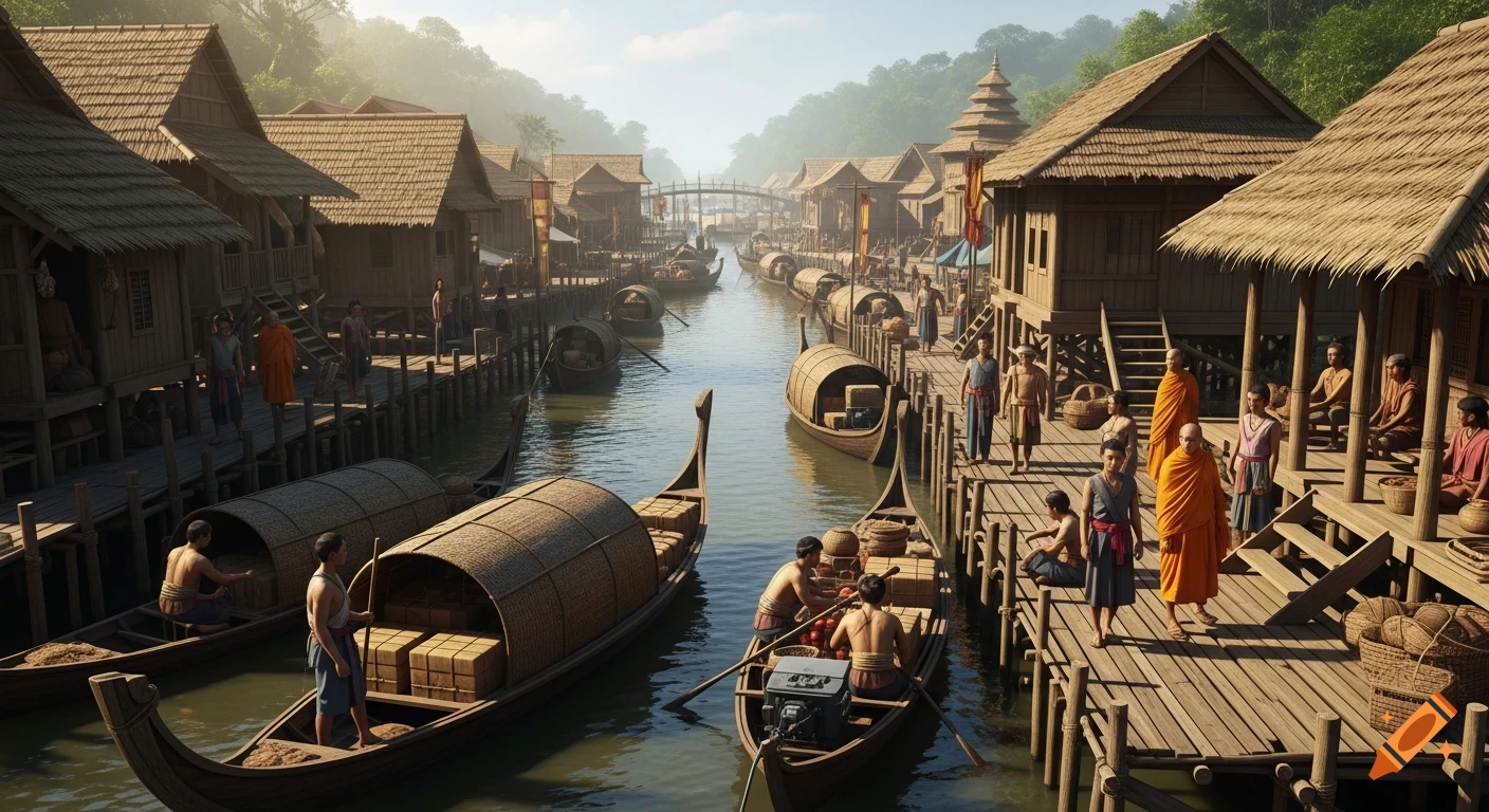 A bustling ancient river city with wooden stilt houses on docks, many boats, and people in traditional clothing under a hazy sky.