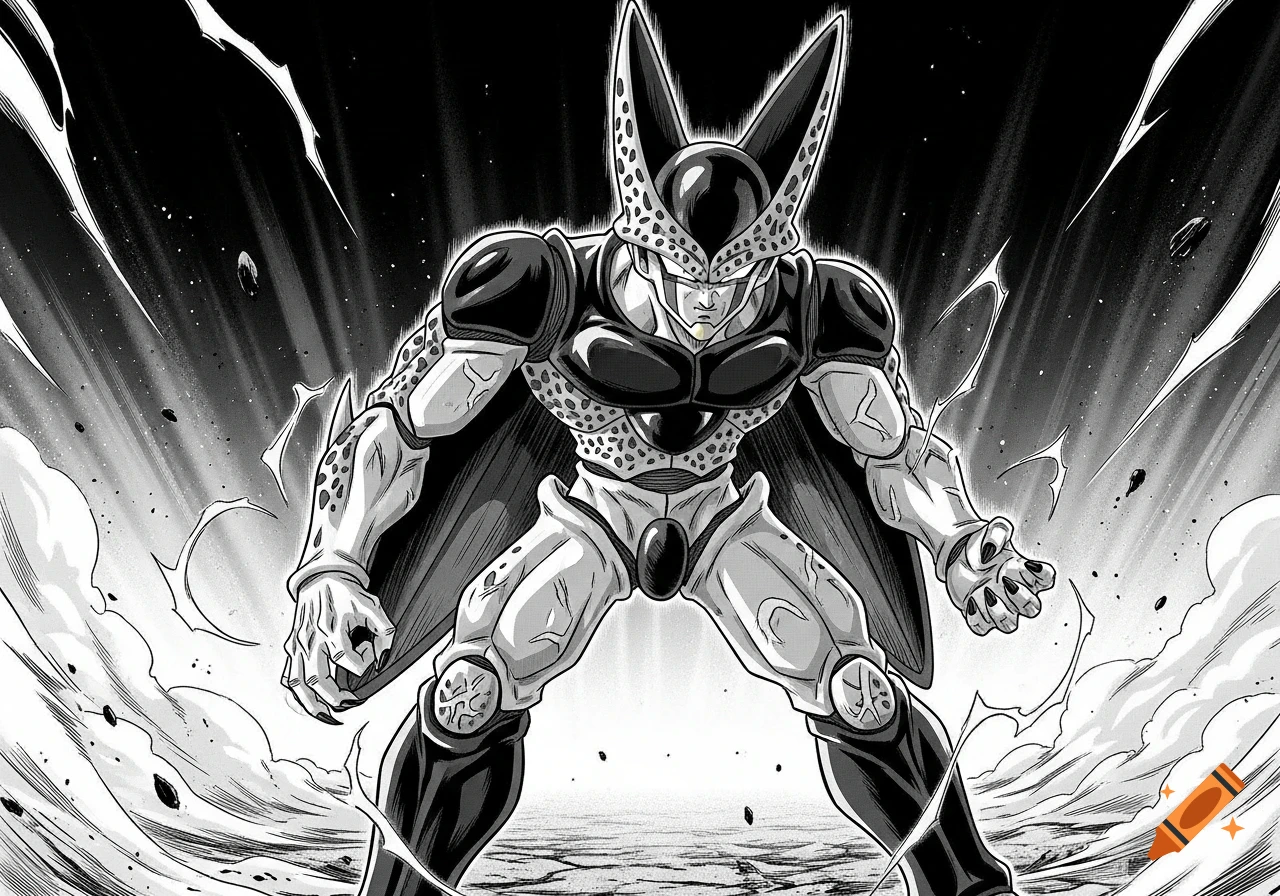 Cell from Dragon Ball Z in a black and white manga style action pose amidst an explosive background.