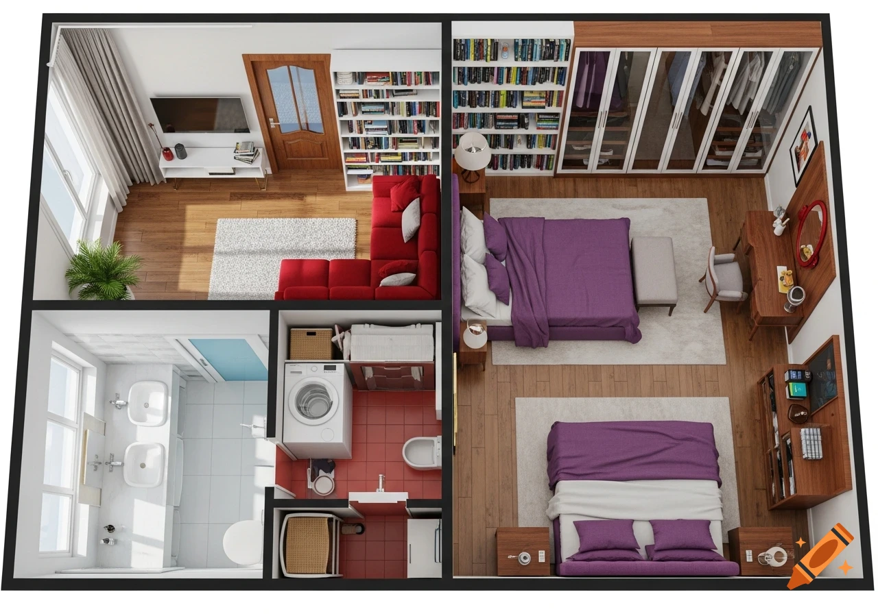 Overhead view of an apartment floor plan, featuring a living room with a red sectional sofa and TV, a bathroom with double sinks and a toilet, a laundry area, and two bedrooms with purple beds, large wardrobes, and bookshelves.